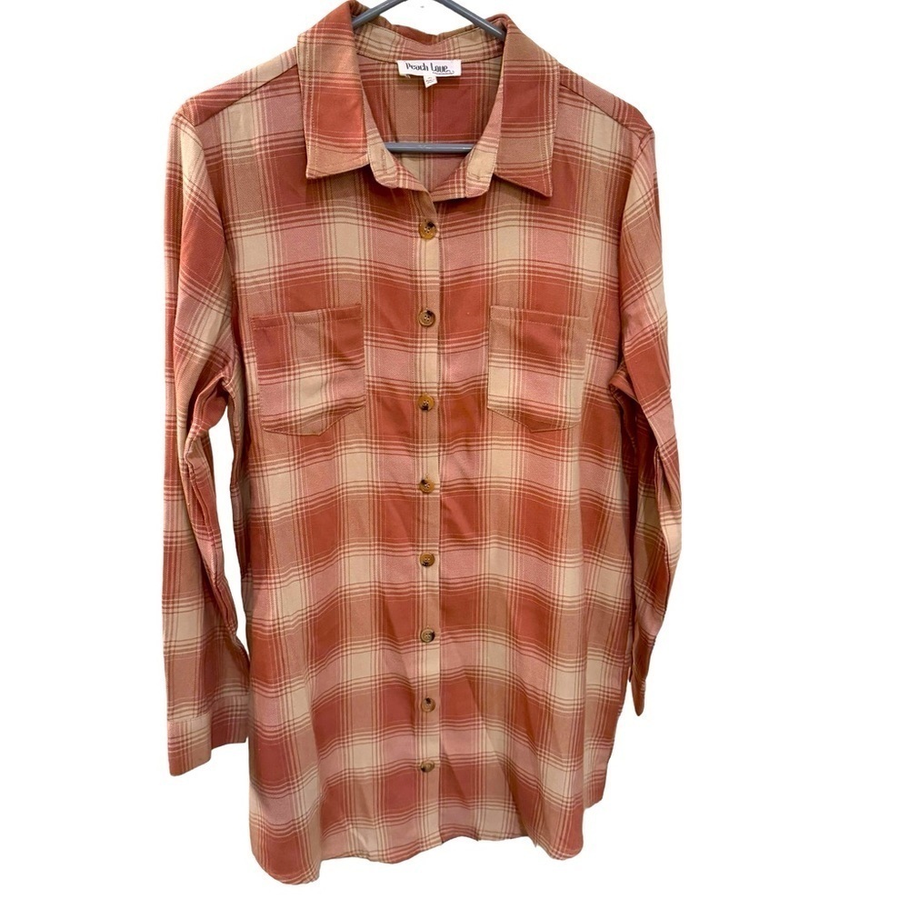 Peach Love plaid mauve and cream button down shirt